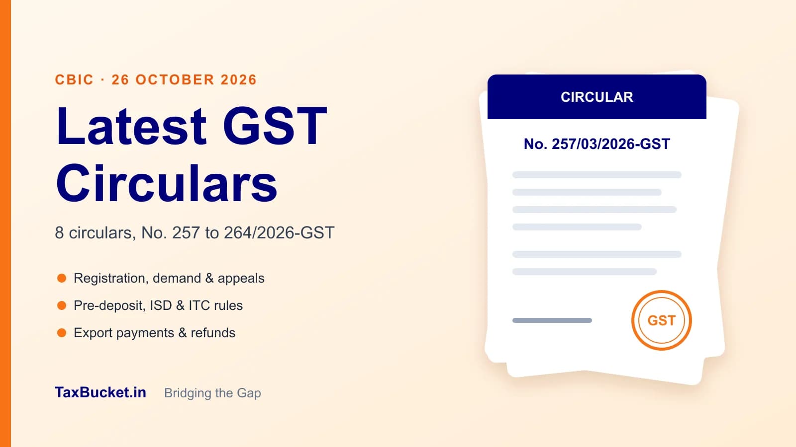 Eight new CBIC GST circulars of 26 October 2026: registration, demand and appeals, pre-deposit, ISD, ITC and export refunds