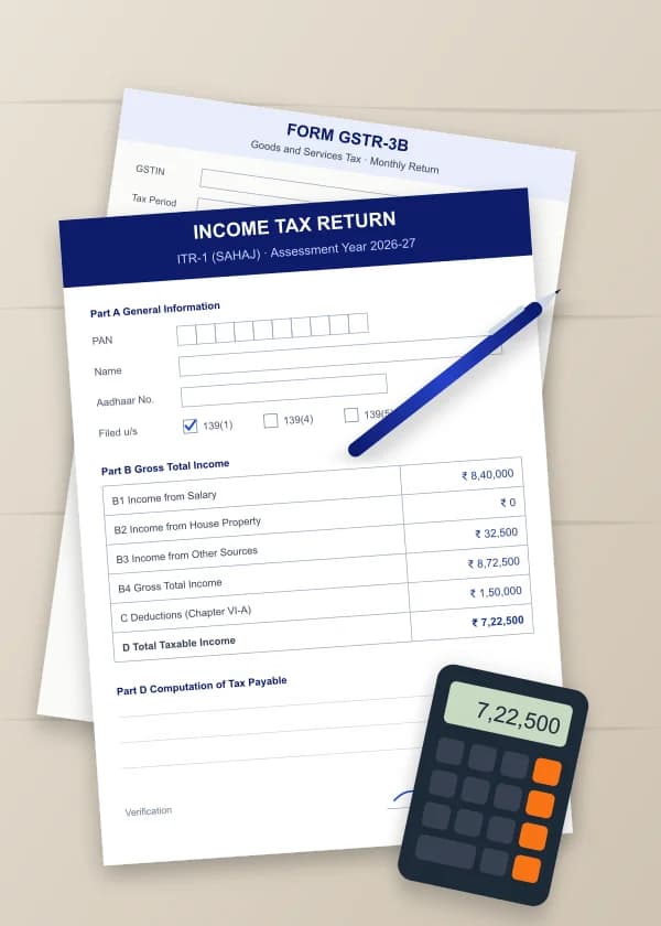 Indian ITR-1 and GSTR-3B forms with a calculator on a desk